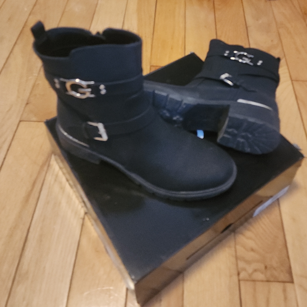 GUESS Black Ankle Boots with Gold Buckles LIKE NEW